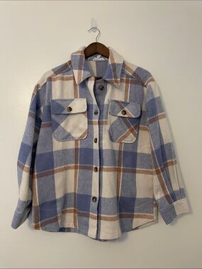 Urban Dictionary Blue, Brown, and Cream Oversized Cozy Plaid Shacket